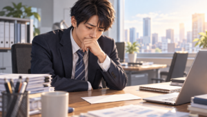 退職を言い出せず、オフィスで一人悩むスーツ姿の会社員