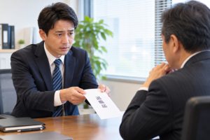 会社を辞める意思を上司に伝え、退職届を手渡す男性会社員の面談風景