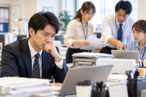 会社を辞めたいが同僚に迷惑をかけたくないと悩む男性会社員と、仕事をする同僚たち コピー
