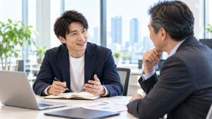 30代の男性が中途採用の面接で、これまでの仕事の経験やスキルについて採用担当者に説明している様子