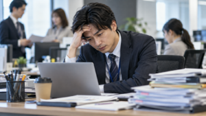「職場の人間関係に悩み、会社のデスクで疲れた表情を見せる男性会社員」