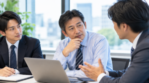 窓辺のオフィスで仕事や今後の働き方について話し合う会社員同士のイメージ