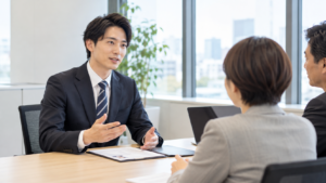30代の男性が転職面接でこれまでの仕事の経験や自分の強みを採用担当者に説明している様子