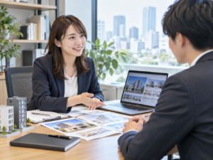 不動産業界の転職相談で担当者が求職者に物件資料を説明している様子
