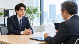 30代の男性が中途採用の面接で、これまでの仕事の経験やスキルについて採用担当者に説明している様子