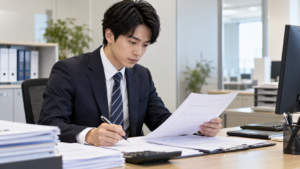 金融機関で融資関係の書類を確認しながら仕事に取り組む若手社員のイメージ