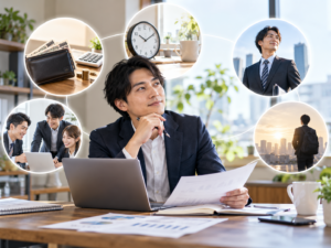 仕事の満足度を振り返り、今後の働き方やキャリアプランを考える男性会社員