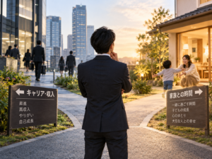 仕事の収入と家族との時間のどちらを優先するか悩む男性会社員