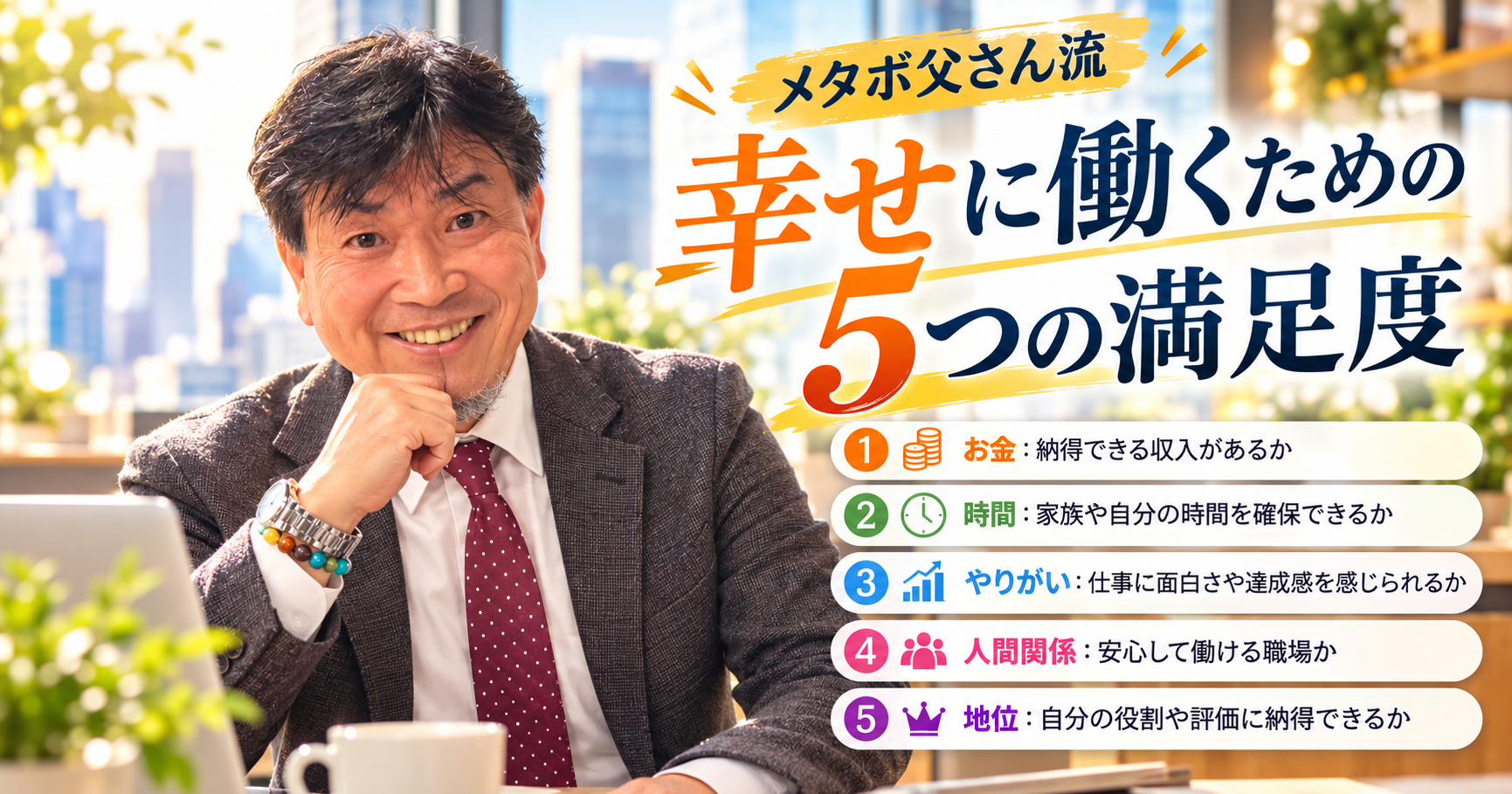 もちろんです(^_-)-☆ おすすめの代替えテキスト 笑顔で働くメタボ父さんと、仕事の満足度を高める5つの要素（お金・時間・やりがい・人間関係・地位）