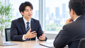 転職面接で応募先を志望した理由や入社後の目標を採用担当者に説明する男性