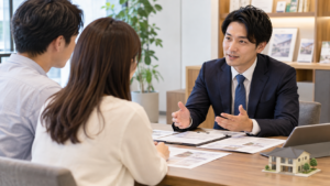 宅建士の資格を生かし、不動産会社の応接室でお客様に重要事項を説明する男性営業社員
