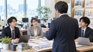 不動産会社の営業部長が若手社員に仕事を指導する様子とキャリアアップのイメージ