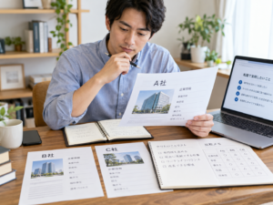 転職先を決めるために3社の求人情報や労働条件を比較する男性