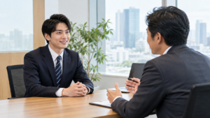 宅建士の資格がない未経験者が不動産会社の採用面接を受けている様子