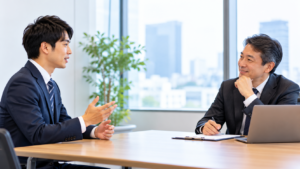 転職面接の最後に応募者が仕事内容や入社後の働き方について面接官に逆質問している様子