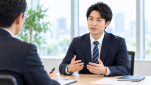 転職面接で前職の退職理由や今後の働き方について採用担当者に説明する男性