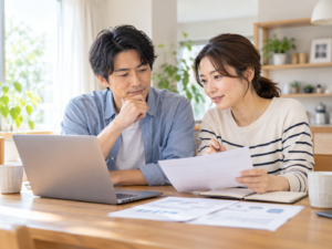 転職後の収入や働き方について、自宅でパソコンと書類を見ながら相談する夫婦