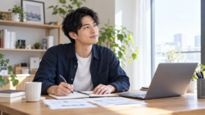初めての転職に向けてノートに希望条件を書き出し、転職理由や将来の目標を整理する男性