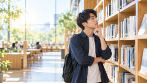 図書館でさまざまな職業について調べながら、自分に合った仕事や将来の働き方を考えている男性