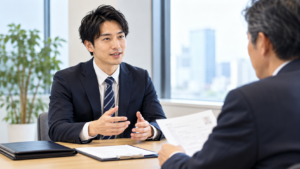 転職面接でこれまでの仕事の経験や実績を説明し、自分の強みをアピールする男性