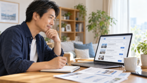 自宅のパソコンで転職サイトの求人情報を比較しながら仕事を探す40代の男性