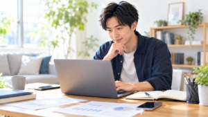 初めての転職活動に向けて、求人情報や応募書類を確認しながら準備する30代の男性会社員