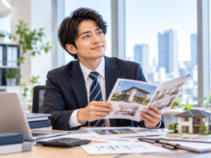 不動産会社の営業マンが住宅の物件資料を確認しているイメージ写真