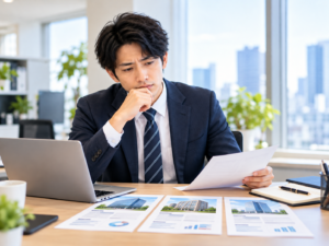 仕事を辞めたいけれど次の転職先が決まらず、オフィスで考え込む男性会社員