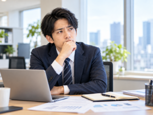 転職するべきか悩みながらオフィスで考え込む会社員の男性