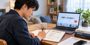 転職するか迷いながら、希望する仕事内容や給与条件を整理して転職活動の準備を進める30代の男性会社員