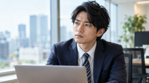 20代で転職するか迷い、今後の仕事や将来のキャリアについて考える男性会社員
