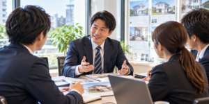 40代で自分に合った仕事を見つけ、不動産会社の営業部長として部下と打ち合わせをする男性
