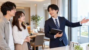20代で金融機関から不動産業界へ転職し、お客様に住宅を案内する若い男性営業社員