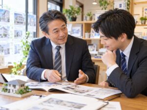 不動産会社でベテラン社員が若手社員に物件資料を見せながら仕事を教えている様子