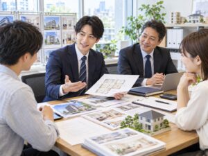 不動産会社で営業担当者が顧客に物件資料を説明している相談風景